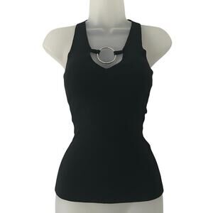 Minnie Rose Sleeveless V-Neck O-Ring Fitted Black Lightweight Sweater XS